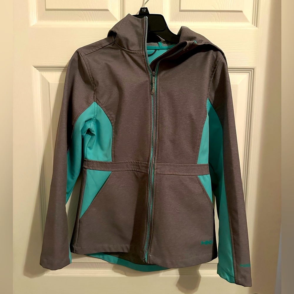 Hawke Co girls rain jacket- size 14. Gray and teal.